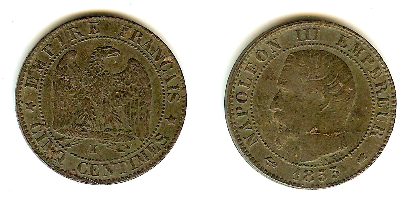 Cinq centimes Napoléon III, tête nue 1855 Bordeaux TTB+
